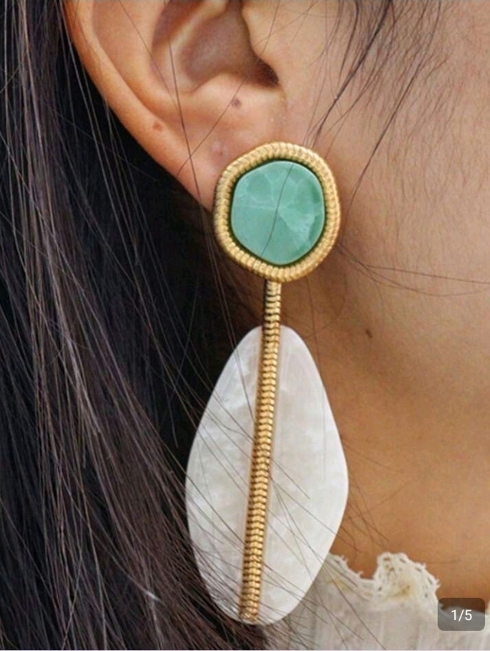 Gold Drop Earrings Green Stone White Shell